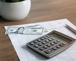 Large model tooth on desk next to calculator and dollar bills